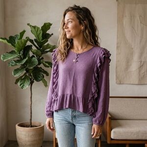 Easel Boho Swiss Dot Ruffle Peplum Top in Dusty Plum - Size Large
